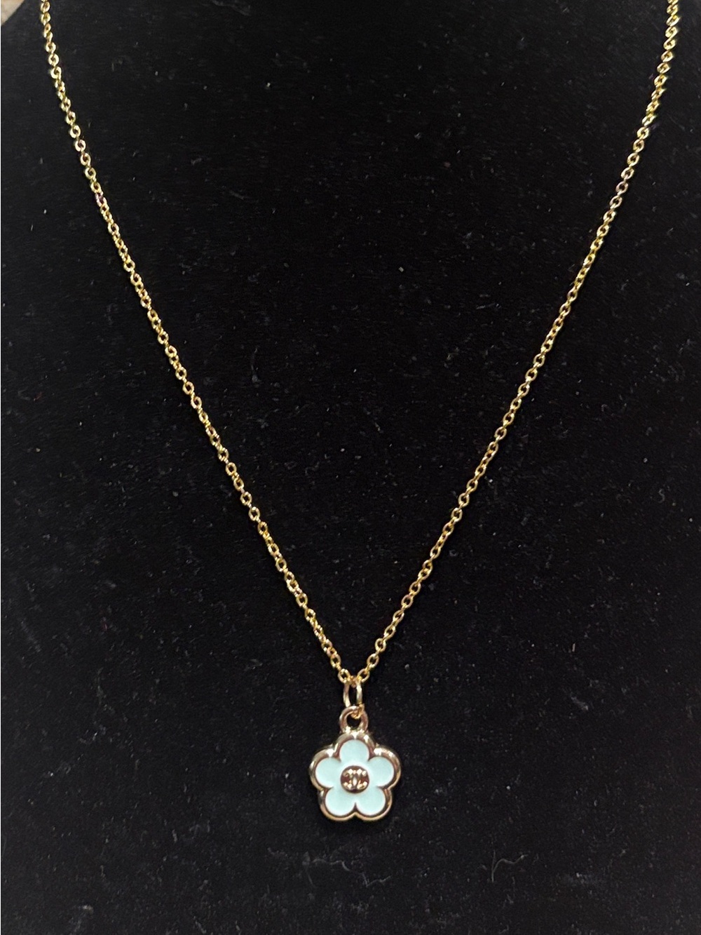 Gold & Baby Blue CC Flower Pendant Necklace